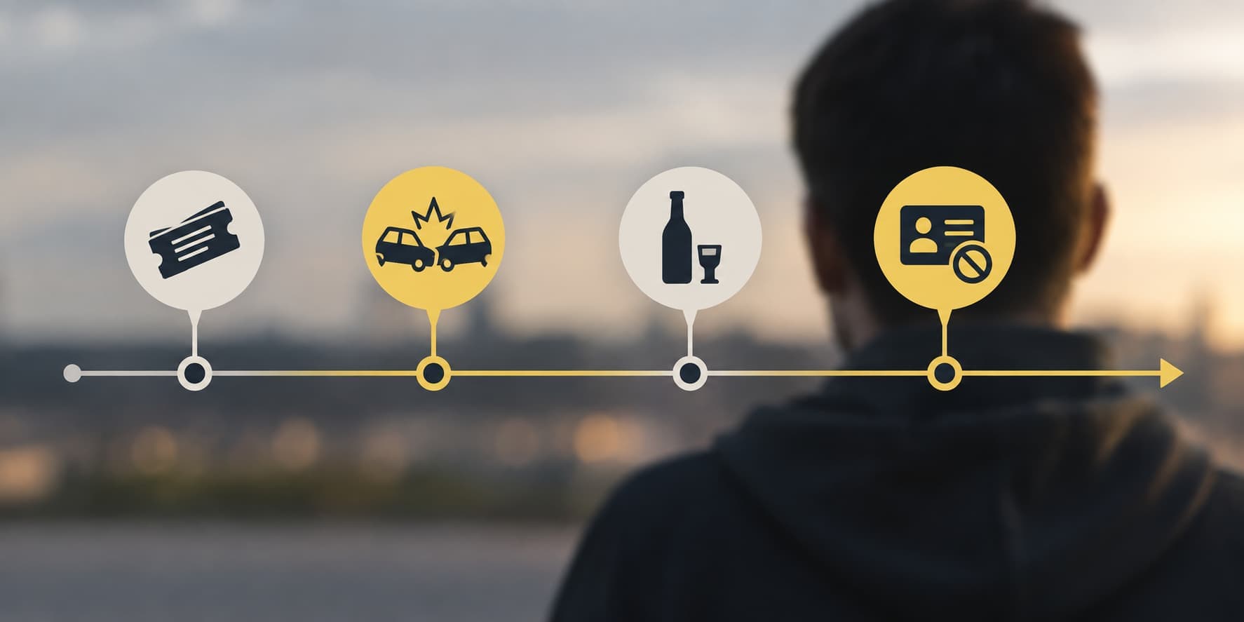 Timeline showing tickets, an accident, DUI history, and a suspended license affecting a driving record