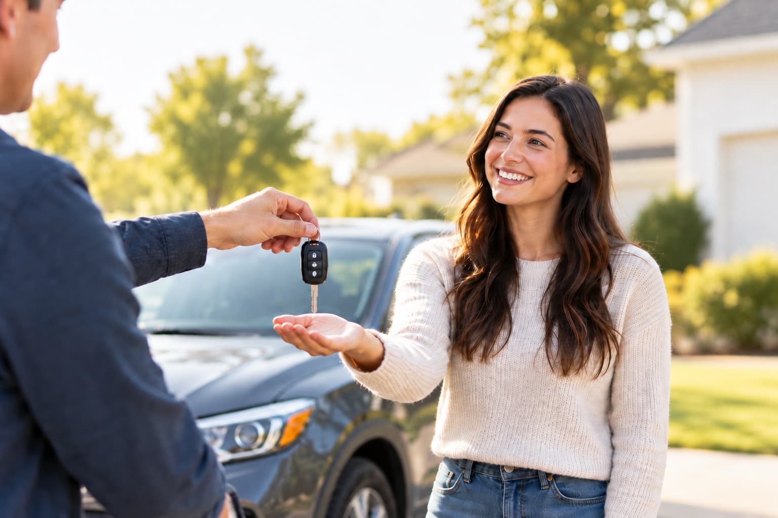 Person handing car keys to another driver beside a parked vehicle