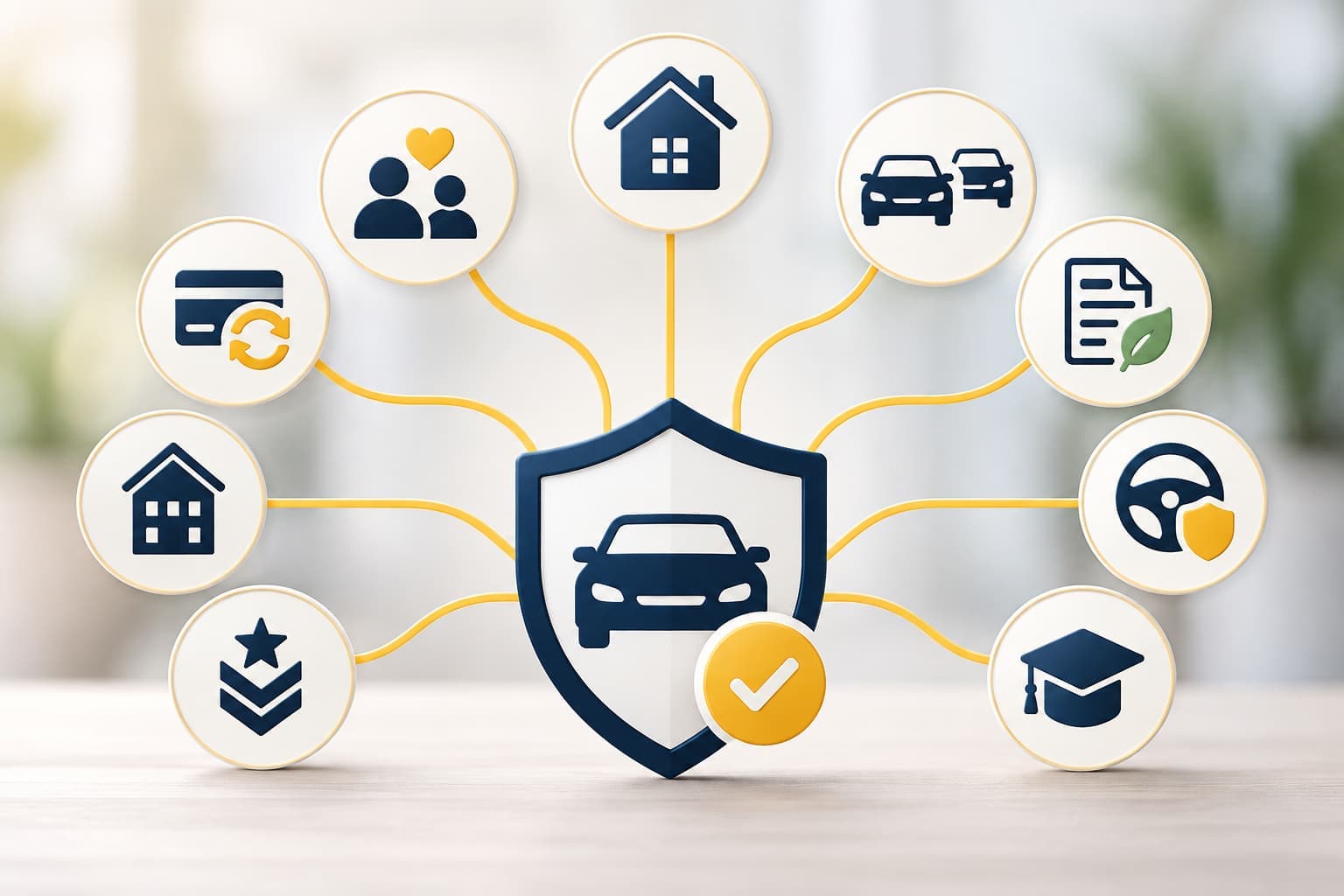 Car insurance discount icons showing multi-car, homeowners, AutoPay, paperless, military, and defensive driving savings