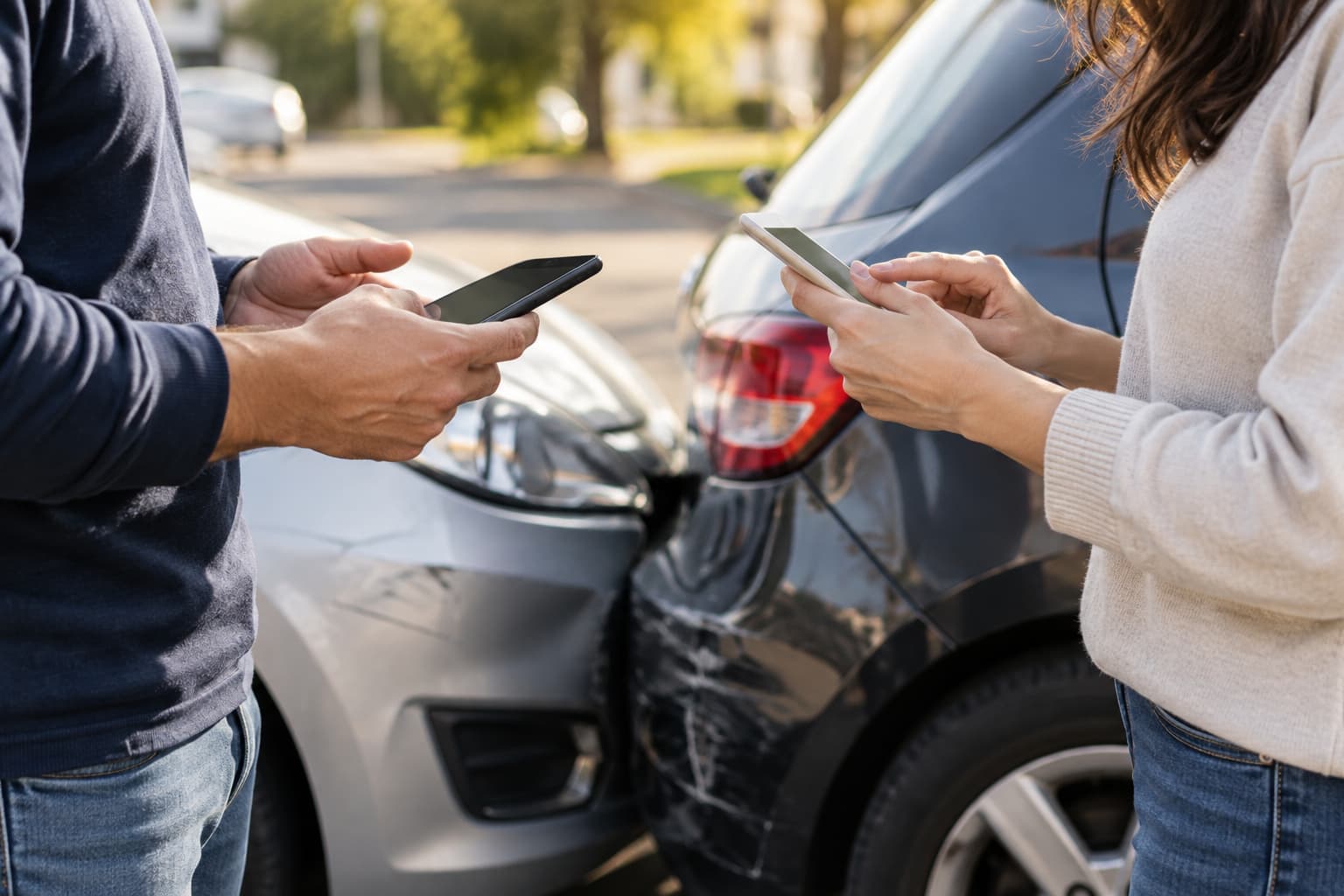 Two drivers exchanging insurance information after a minor car accident.