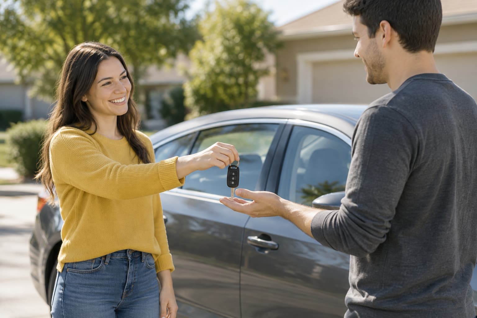 One driver handing car keys to another beside a borrowed vehicle.