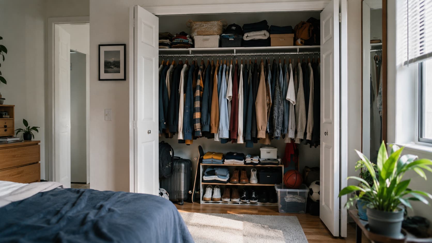 Organized apartment closet with clothing, shoes, luggage, and other personal belongings