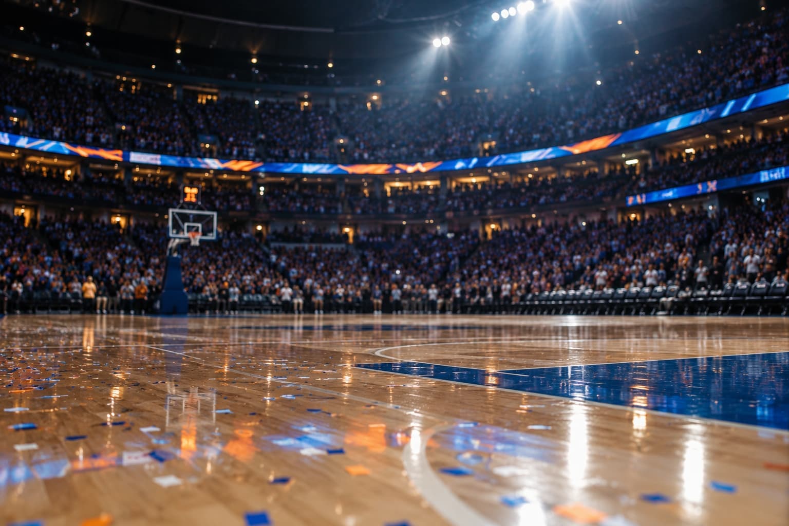 Basketball court after a game with a packed arena blurred in the background.