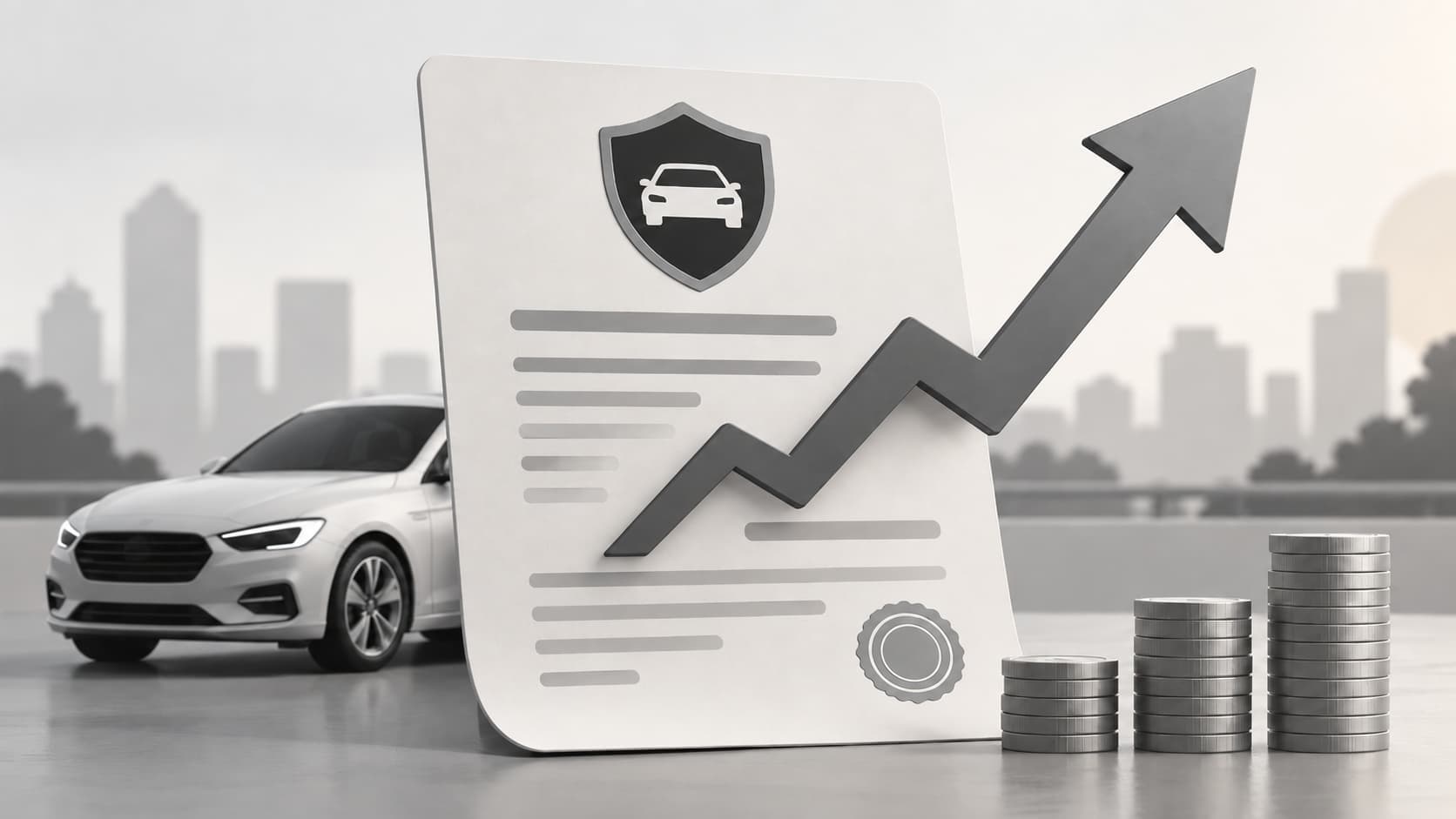Car insurance policy with an upward arrow showing an increase in insurance rates
