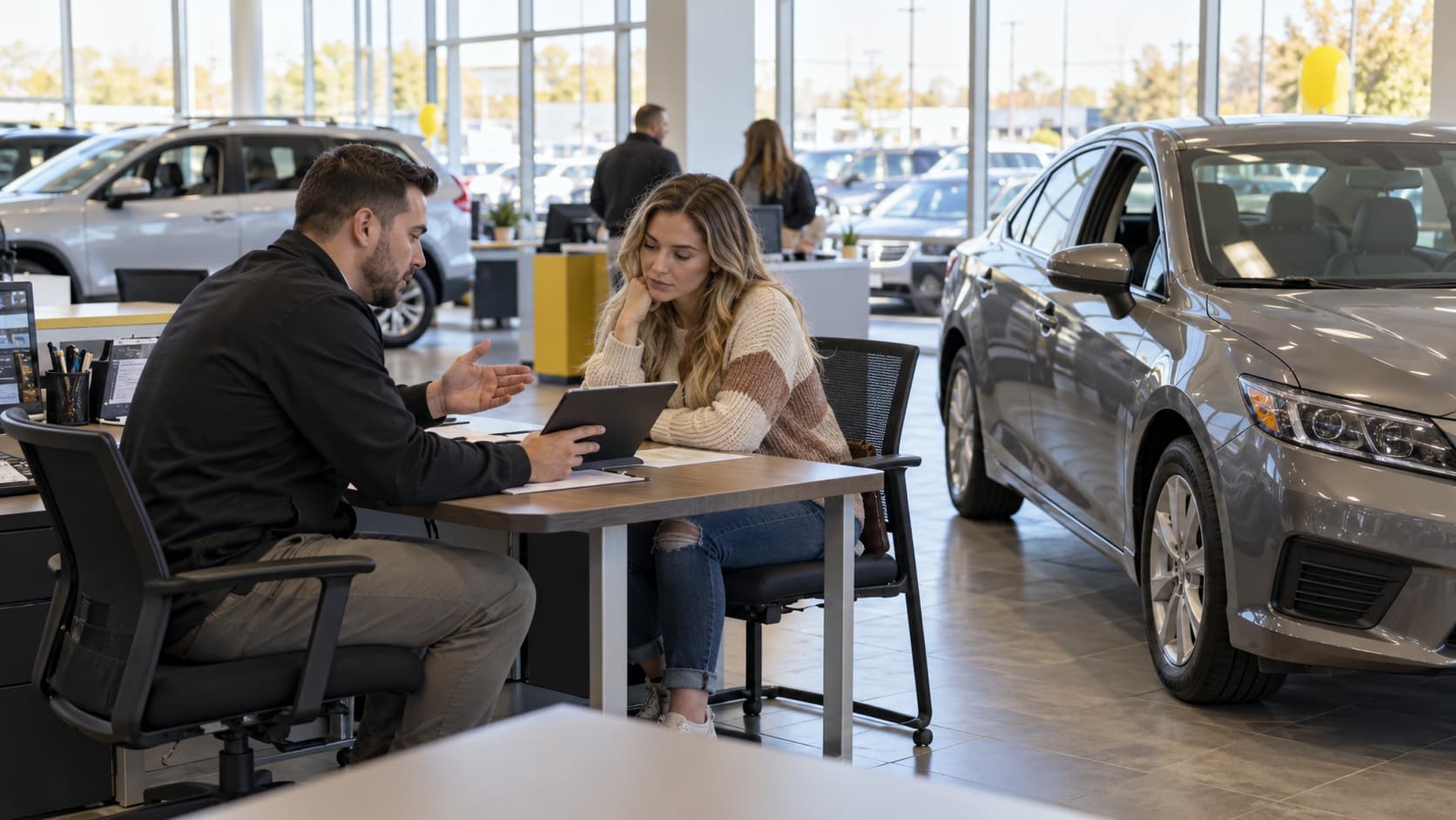 Young adult comparing vehicle costs at an Oklahoma car dealership while researching car insurance rates by age.