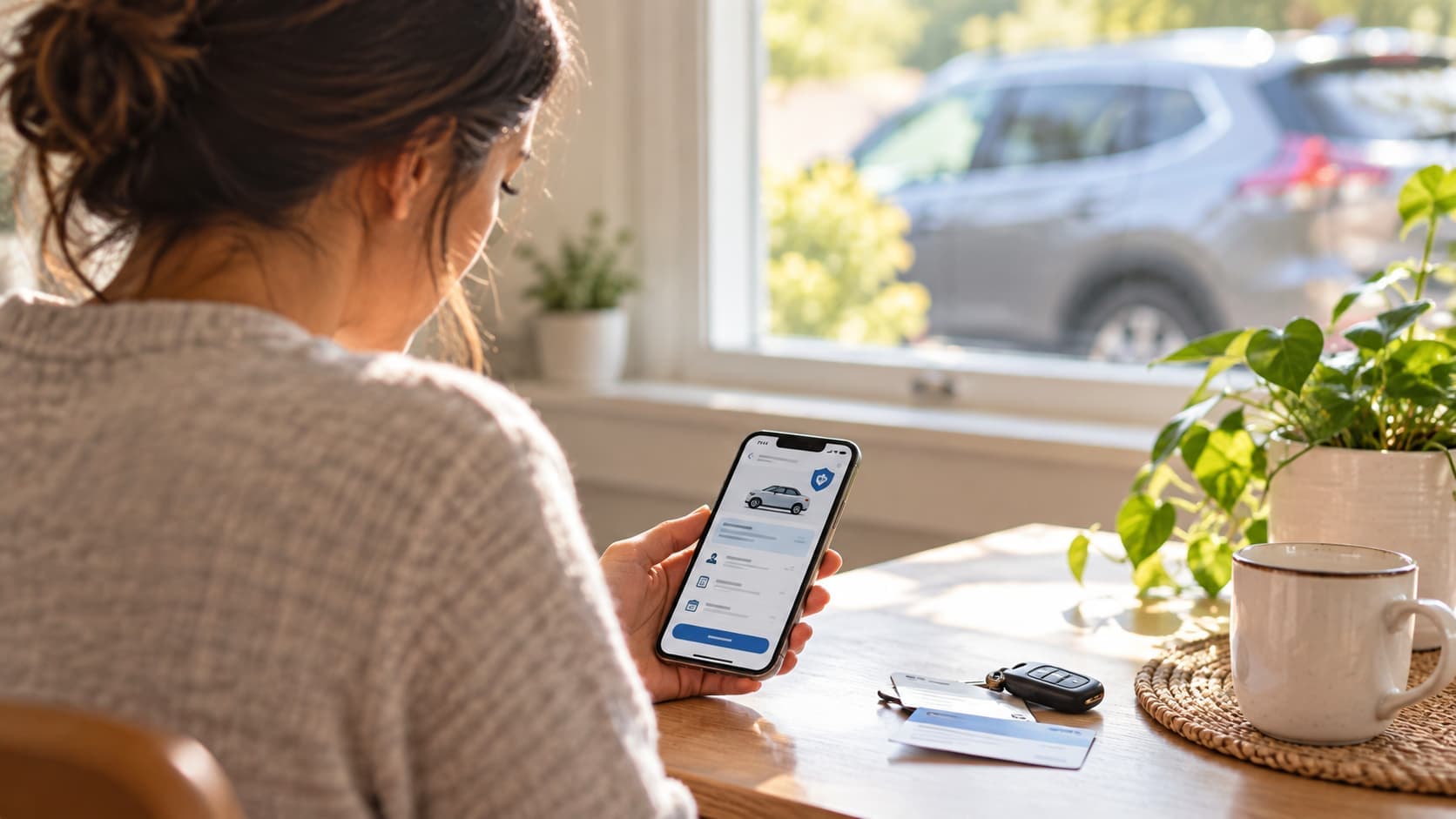 Woman reviewing car insurance payment options on her smartphone at home, with a vehicle parked outside.