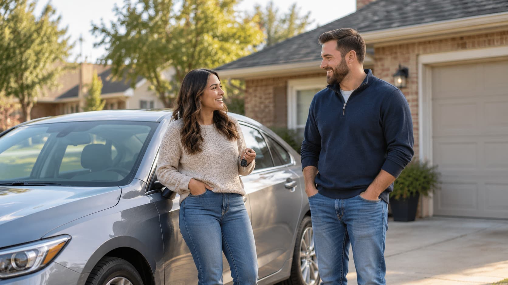 Two adults talking beside a silver sedan in the driveway of a suburban Oklahoma home, with one person holding car keys.