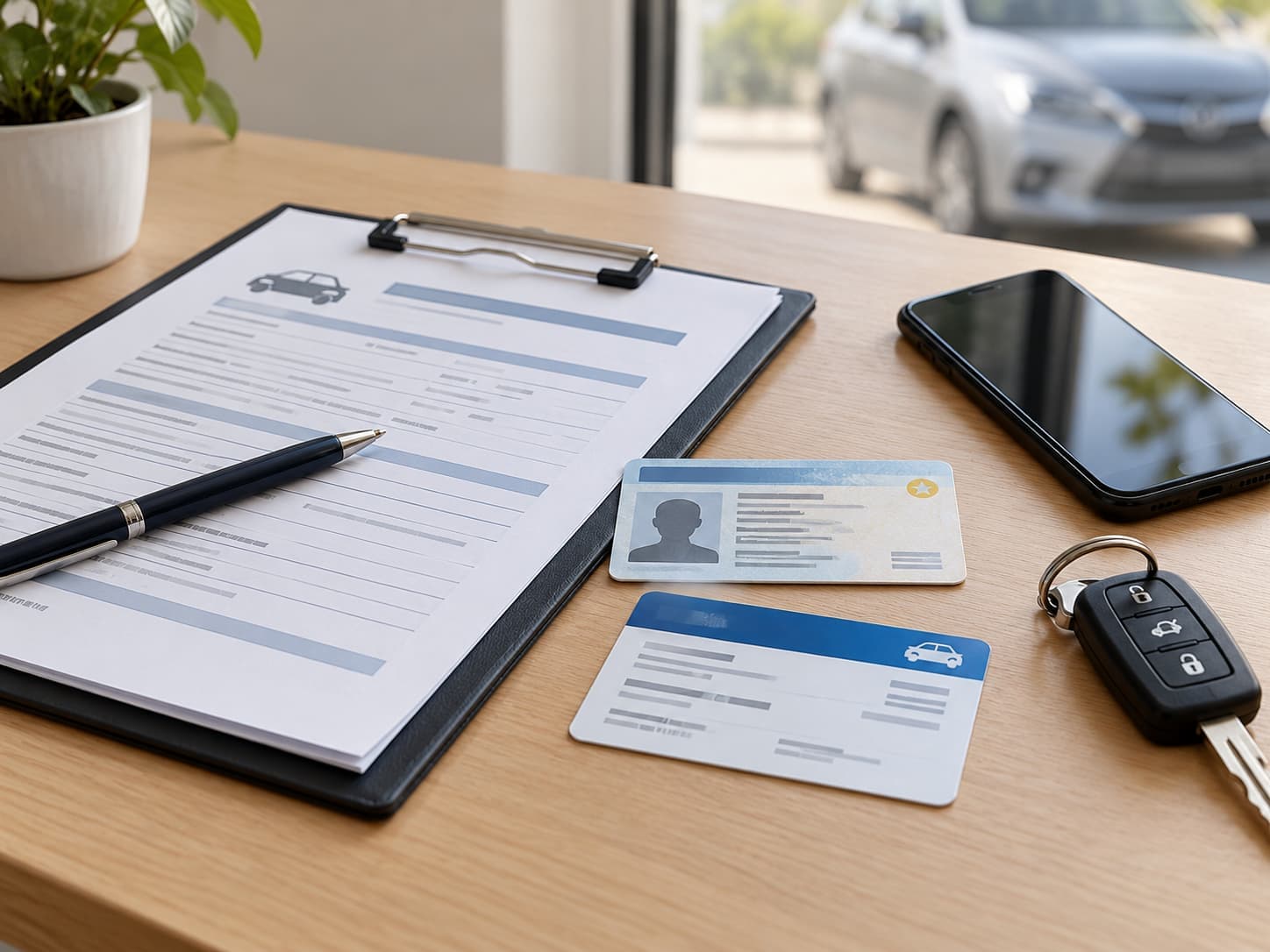 Driver's license, insurance documents, and car keys arranged on a desk for an Oklahoma license reinstatement article