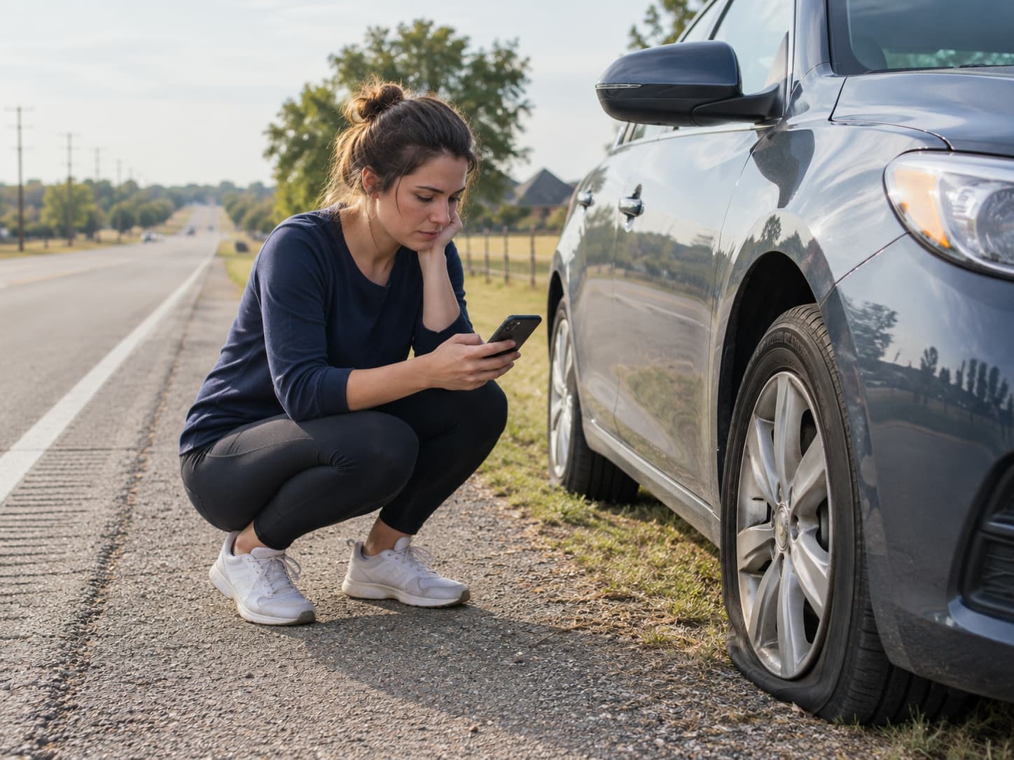 Driver checking her phone beside a car with a flat tire on the side of an Oklahoma road.