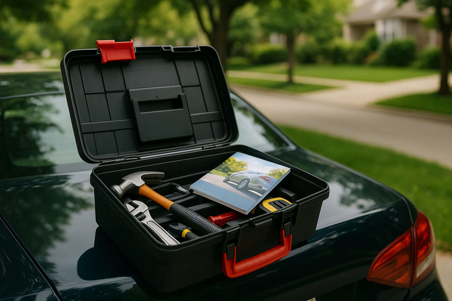An open toolbox on the trunk of a parked car, with various tools and a small stack of car insurance brochures, surrounded by lush greenery in a suburban neighborhood, reflecting a DIY approach to finding affordable insurance.