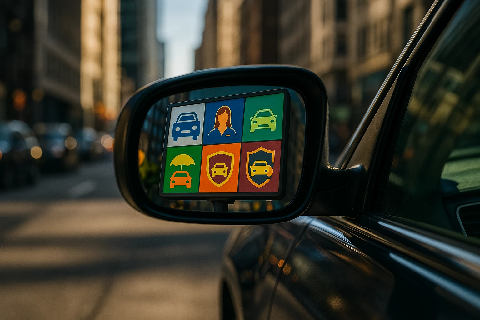 A close-up of a car's side mirror reflecting a billboard displaying various car insurance logos while parked on a busy city street, with sunlight highlighting the logos' vibrant colors.